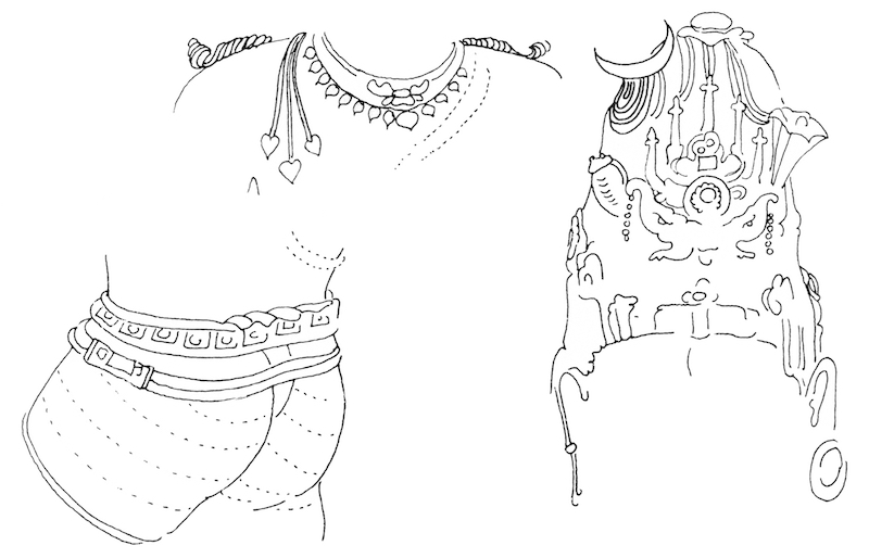 Sketch of details (necklace, shorts and headdress)